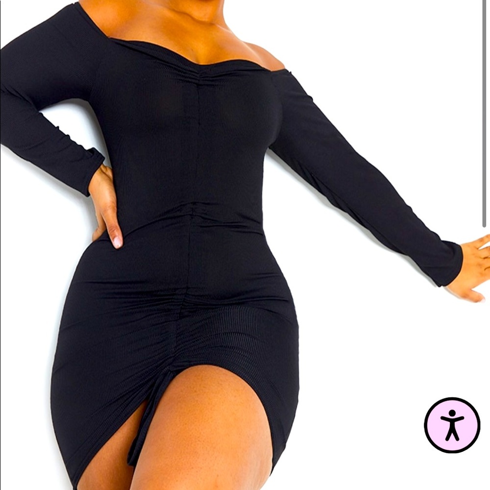 Black Ribbed Long Sleeve Bardot Ruched Bodycon Dress never worn